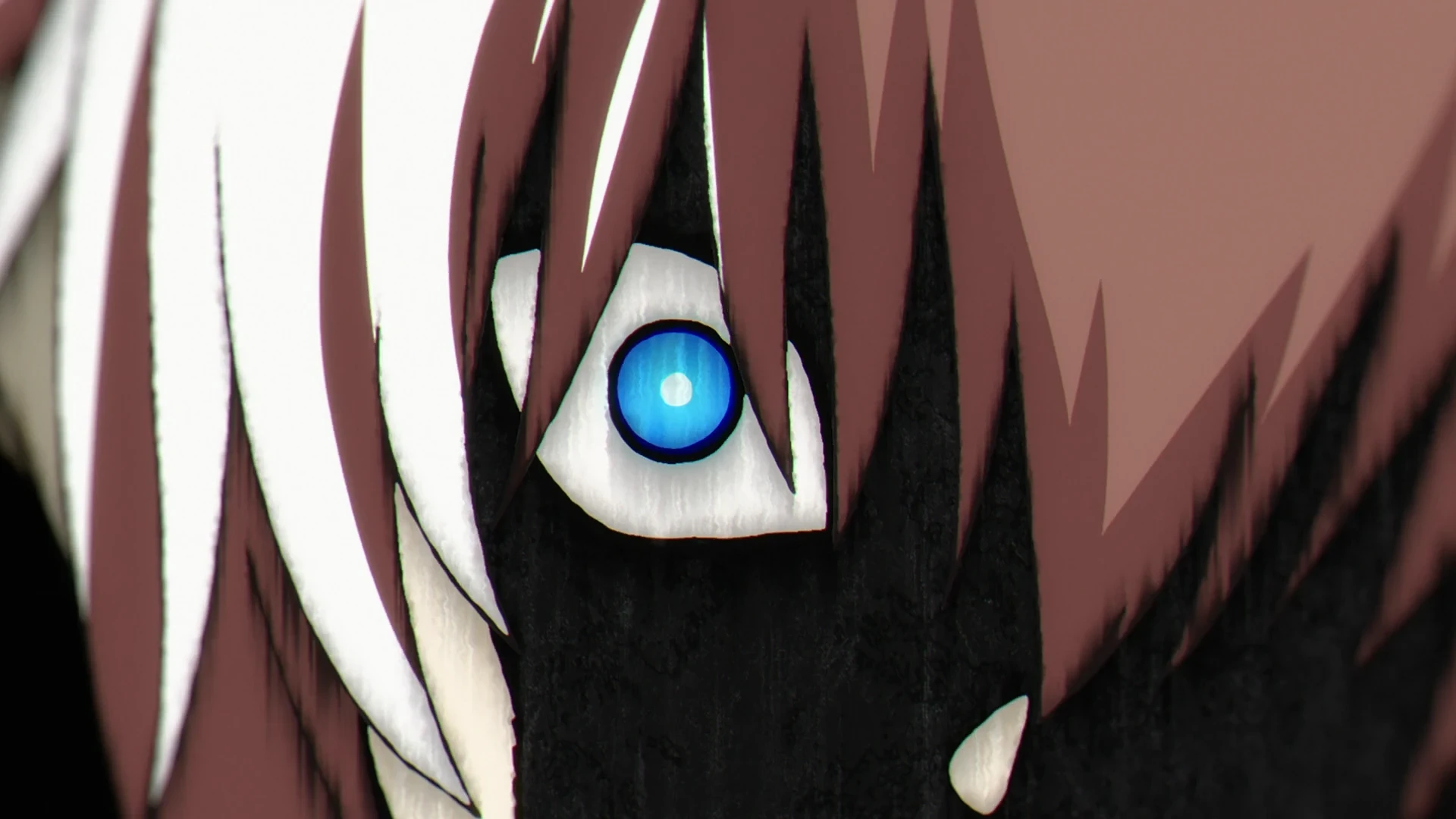 The menacing face of Oguri Cap in shadow, while her eye glows in pure blue showing her resolve
