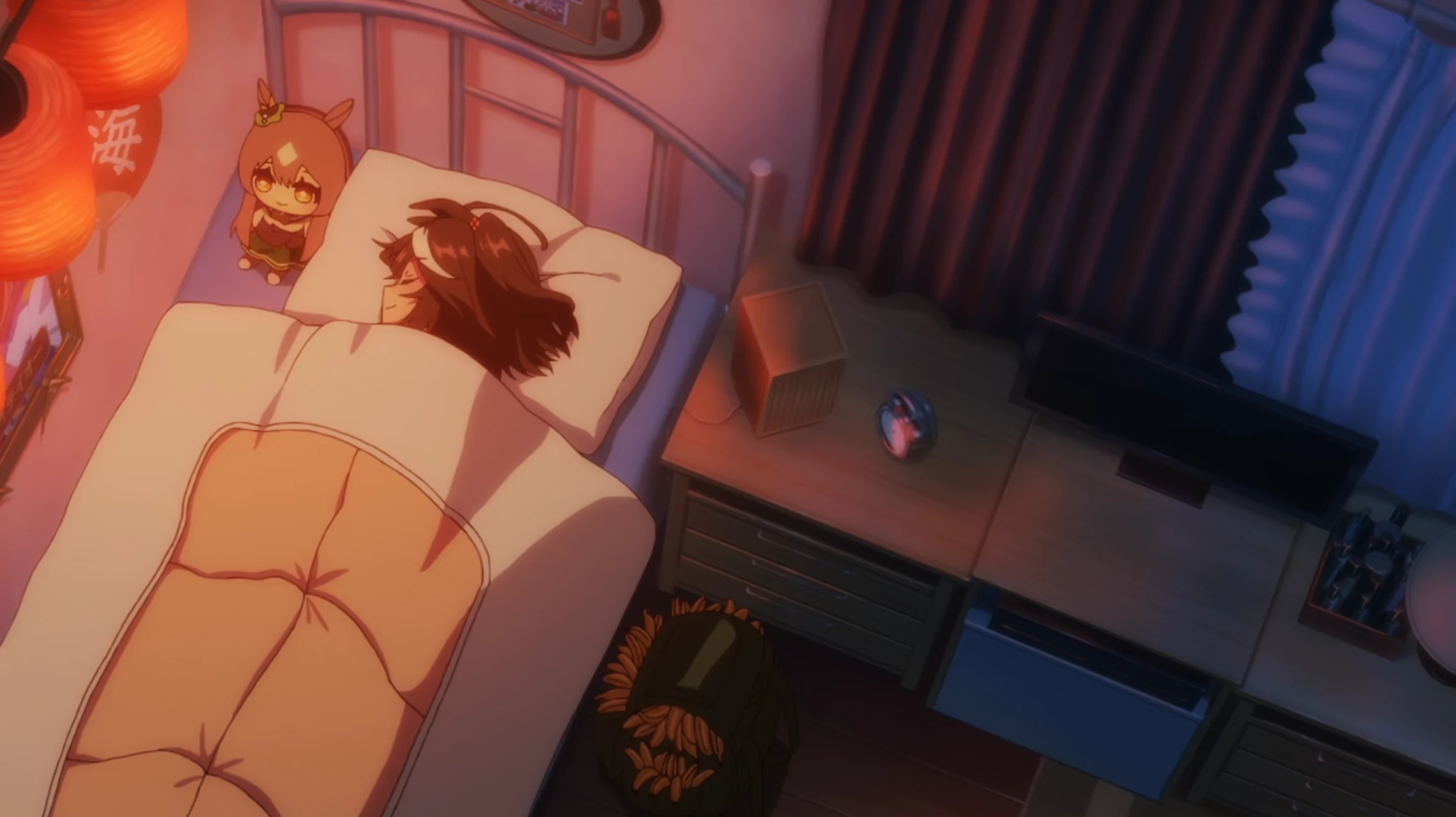 Kitasan Black sleeping with Satono Diamond plush toy