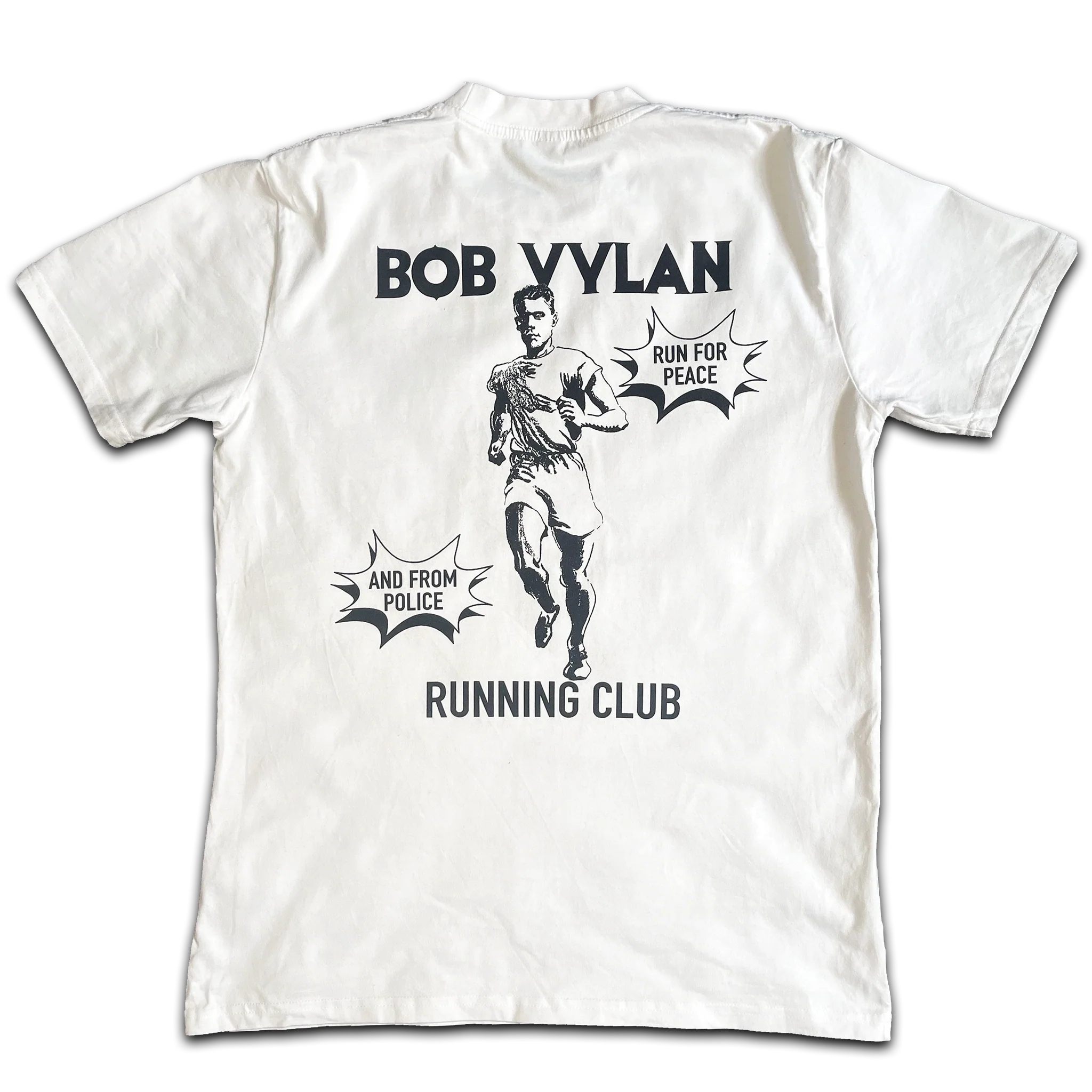 Back of a T-shirt with a sketch of a running person. It reads "Bob Vylan Running Club" with bubbles that say "Run for peace" and "And from police"