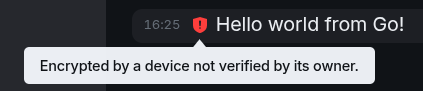  Screenshot of a Matrix room showing an encrypted message with a warning that the sending device hasn’t been verified.
