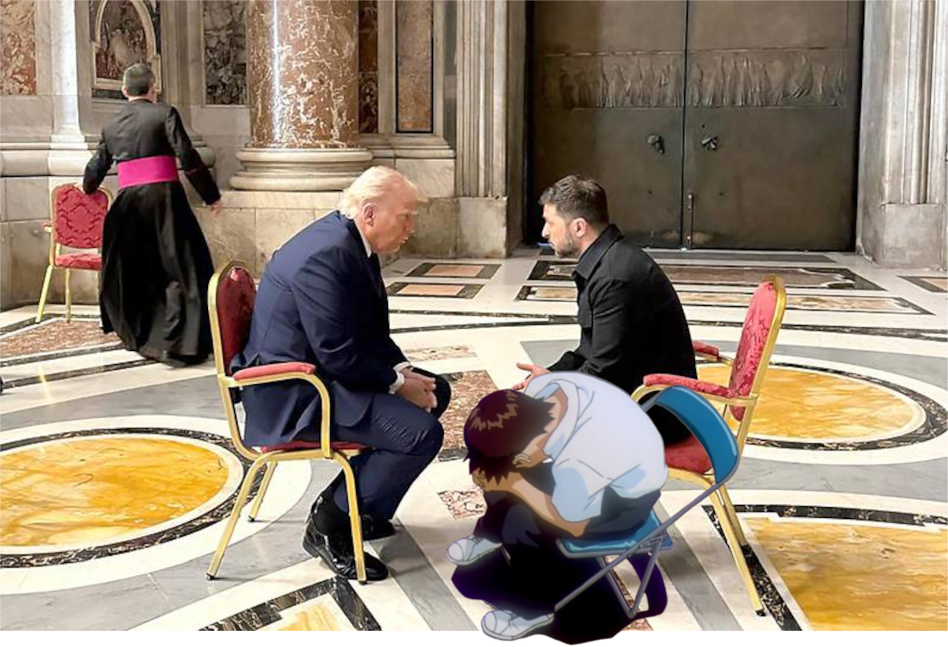 The meeting between Trump and Selenskyj in the Vatican with Shinji photoshopped in