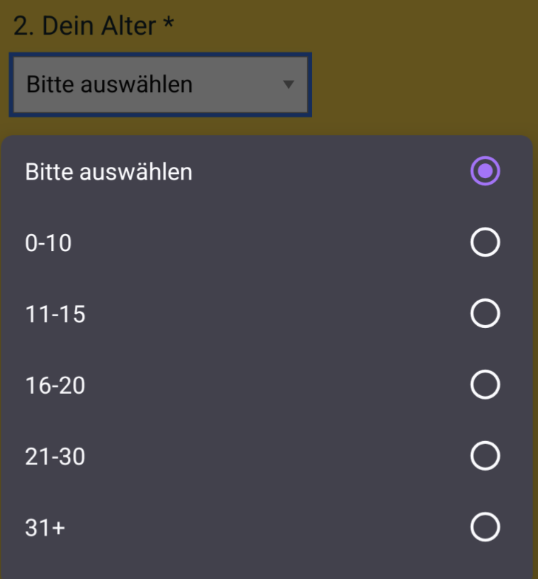Altersauswahlmenü mit den Optionen 0-10, 11-15, 16-20, 21-30 und 31+