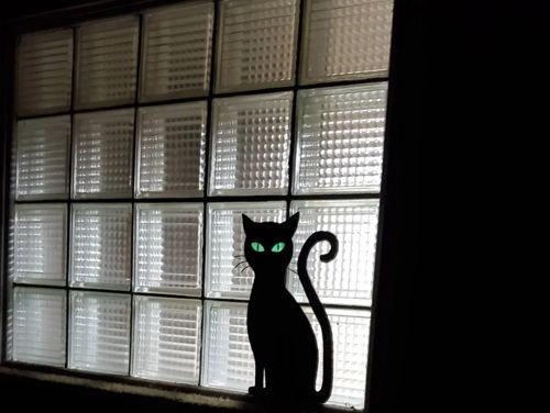 3d printed cat silhouette with glowing green eyes