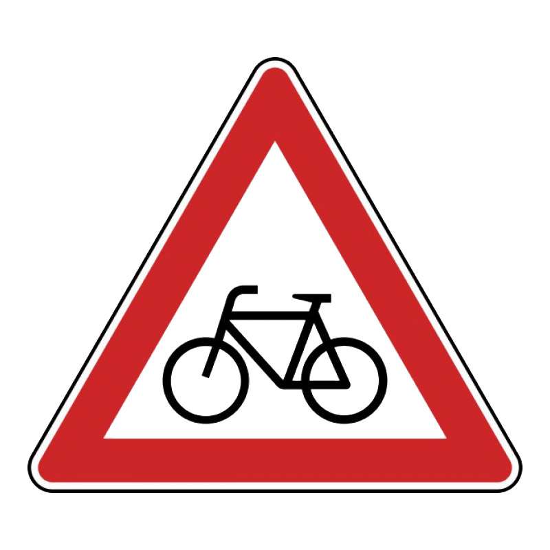 Triangle shaped road sign with a white background, a red border and a black bicycle symbol in the centre