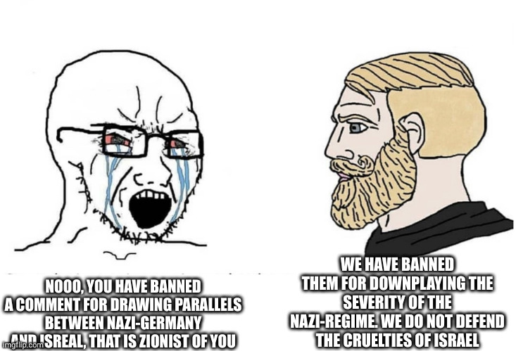 Chad Vs. Soyboy meme. Soy denkt das Reddit Zionismus betreibt. Chad sagt das er stabiler antifaschist ist und die gräueltaten Israels nicht verteidigt 