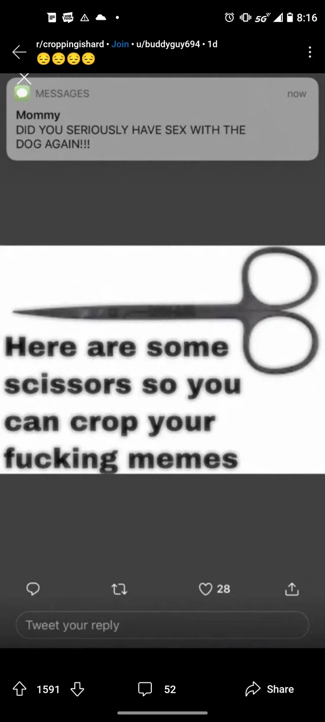 Badly cropped image displaying  screenshot from r/croppingihard, on which a pai of scissors is displayed witht the caption „Here are some scissors so you can crop your fucking memes. On the top of the screen, a text message from „mommy“ raeads „DId you seriously have sex with the dog again!“
