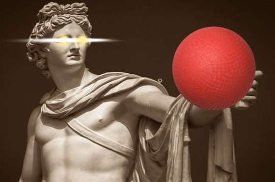 A statue of the god Apollo. His eyes are flashing. A red ball has been shopped into his raised hand, ready to throw it at the person he's about to curse with the gift of prophecy.