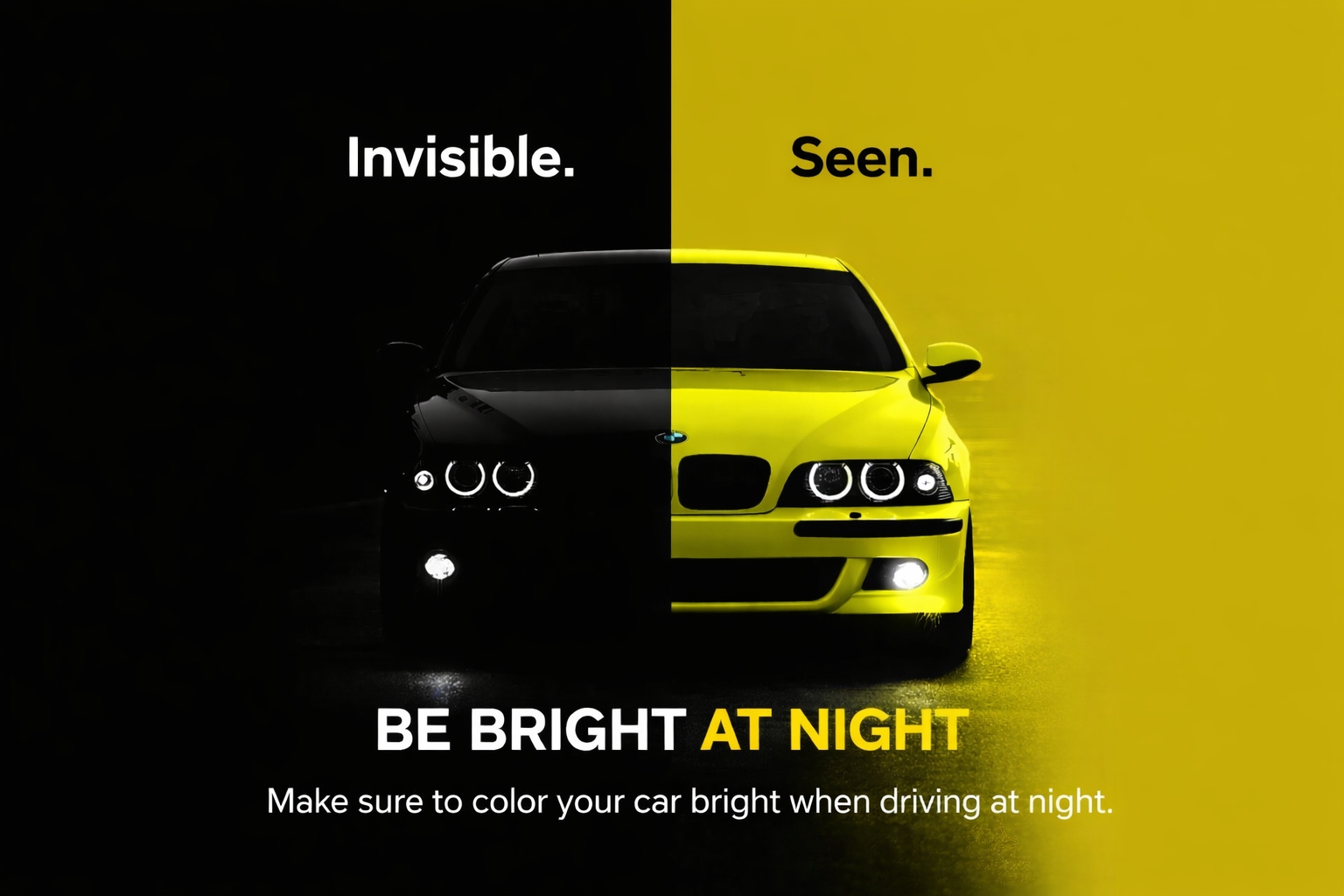 Satiric Image telling drivers to paint their cars in bright colors at night