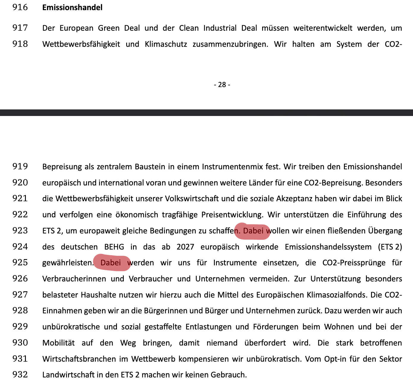 Der Text des Koalitionsvertrags aus dem OP. Rot markiert sind zwei direkt aufeinander folgende Sätze, die beide mit "Dabei" anfangen.