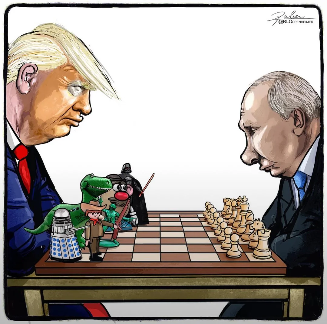 Cartoon of Trump & Putin opposing each other at a Chess board, but while Putin has ordinary chess figures at his side of the board, Trump is playing with zany toy figurines.