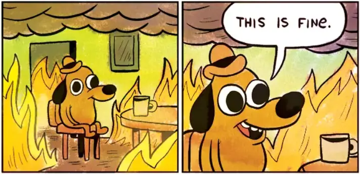 This is fine meme. Dog saying “This is fine” while surrounded by fire 