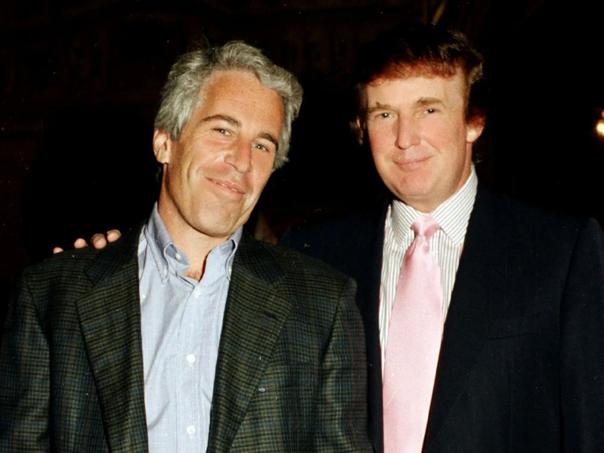 Donald Trump smiling with his arm around Epstein.