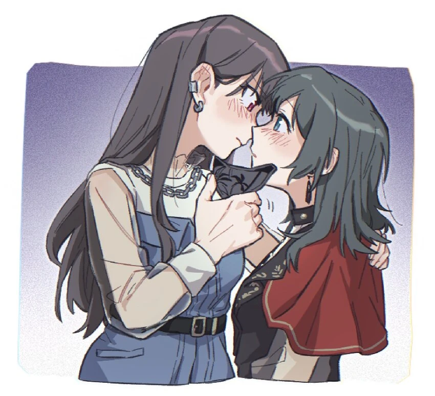An image of a taller woman pulling off her mask as well as the mask of the shorter woman while leaning in for a kiss