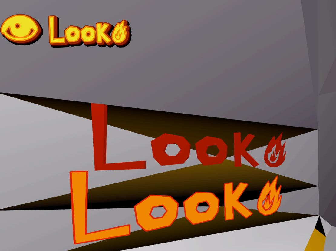 Low-poly, freeform text in 3 forms: 2D, Textmesh, and label3D. They each say "Look" with a single-color fire icon, though the label3D has an outline and the 2D text has stacked outlines/shadows which add color (also, a default eye emoji on the 2D text). 