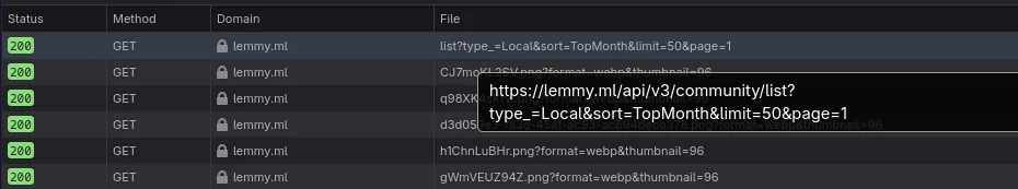 Screenshot of Firefox network tab showing several request going to lemmy.ml