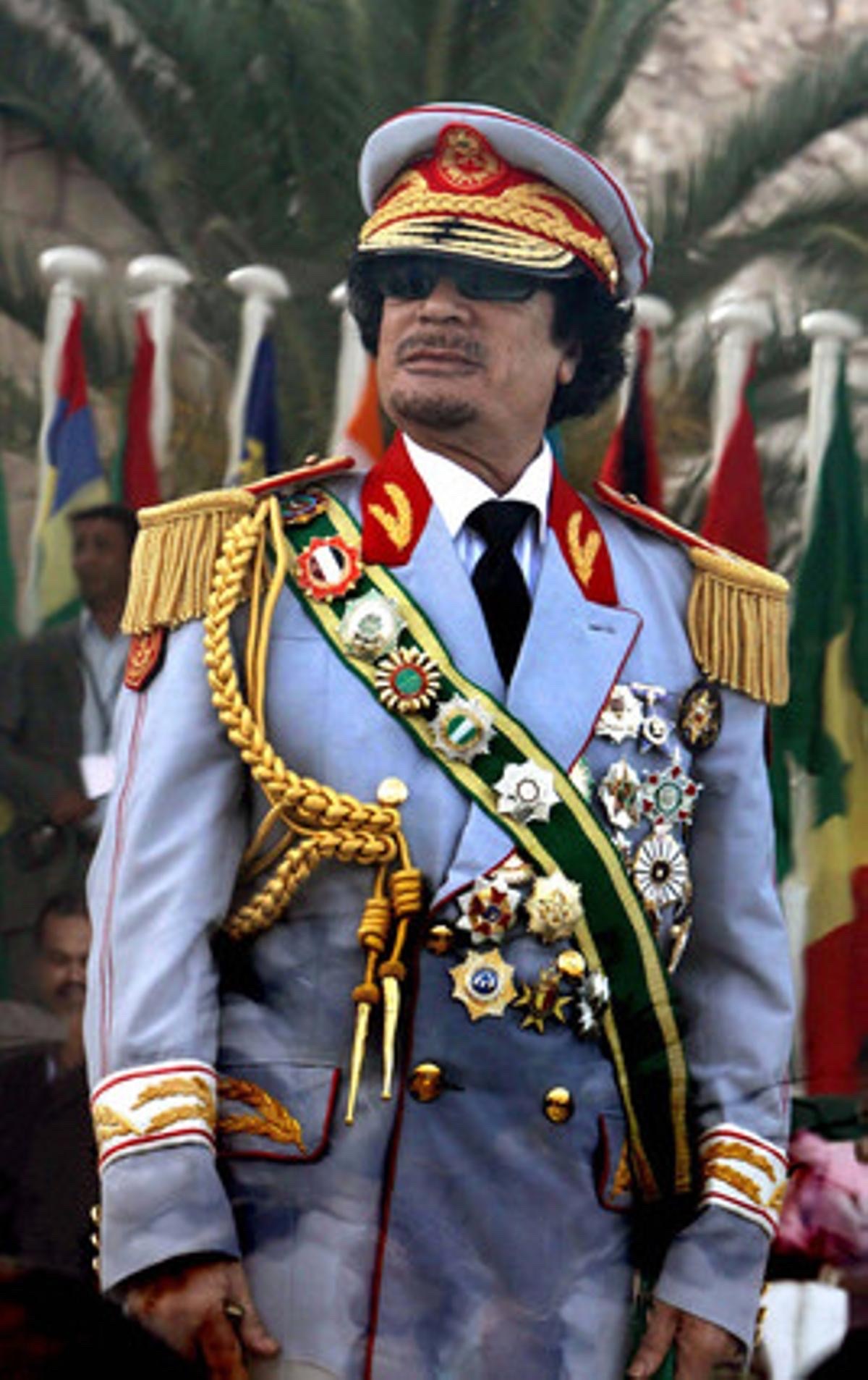 A photo of Brotherly Leader Colonel Muammar Gaddafi at the 40th anniversary of the bloodless 1 September revolution