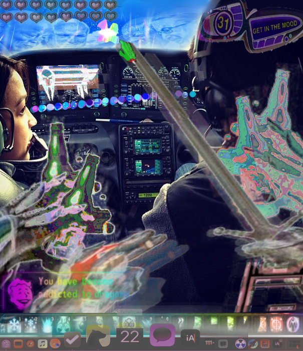 an unlikely but real image of AOC in a cockpit, overlaid with collage that bring the little-known photograph into unreality. history collides with narrative as a psionic child soldier AOC offloads the damage of high-performance psi to her unidentified copilot. Their pursuit of NHI UAP is overlaid with videogame and computer HUD elements