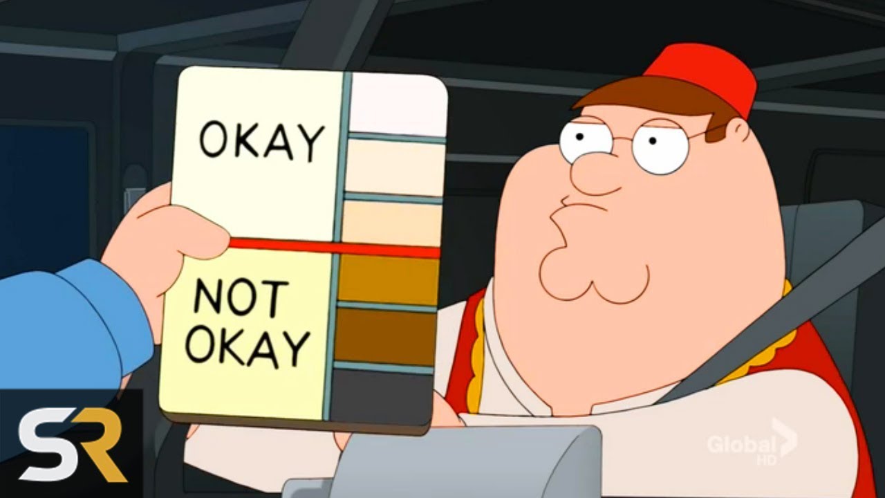 Famous screenshot from Family Guy episode "Are You There God? It's Me, Peter (Season: 16 Episode: 20). The screenshot depicts Peter in his car wearing stereotypical Muslim garb, while being stopped at a bridge checkpoint. The guard at the checkpoint who is not in frame is holding a card which is in frame that showcases 6 race "color squares". The lightest 3 are separated into the "Okay" category on top, the darkest 3 are separated into the "Not okay" category on the bottom.