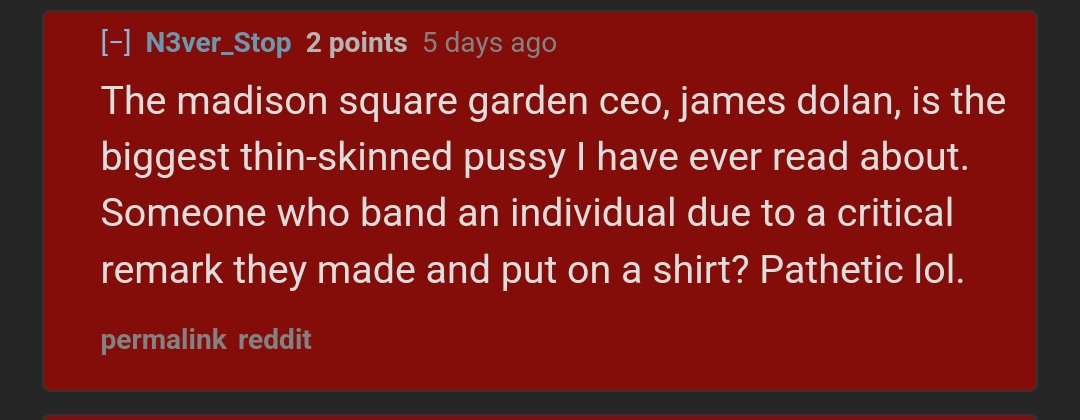 The madison square garden ceo, james dolan, is the biggest thin-skinned pussy I have ever read about. Someone who band an individual due to a critical remark they made and put on a shirt? Pathetic lol.