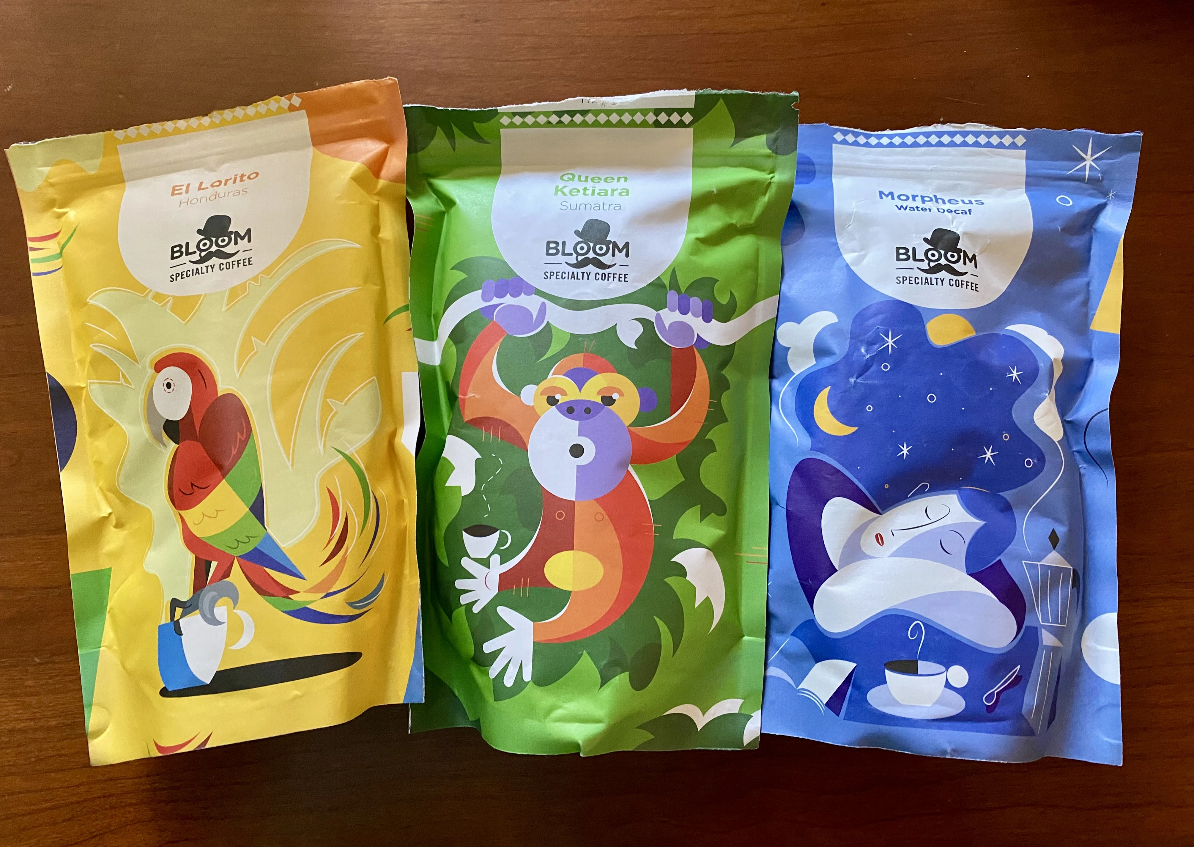 Three bags of coffee: el lorito from honduras, queen ketiara from sumatra, morpheus from Mexico