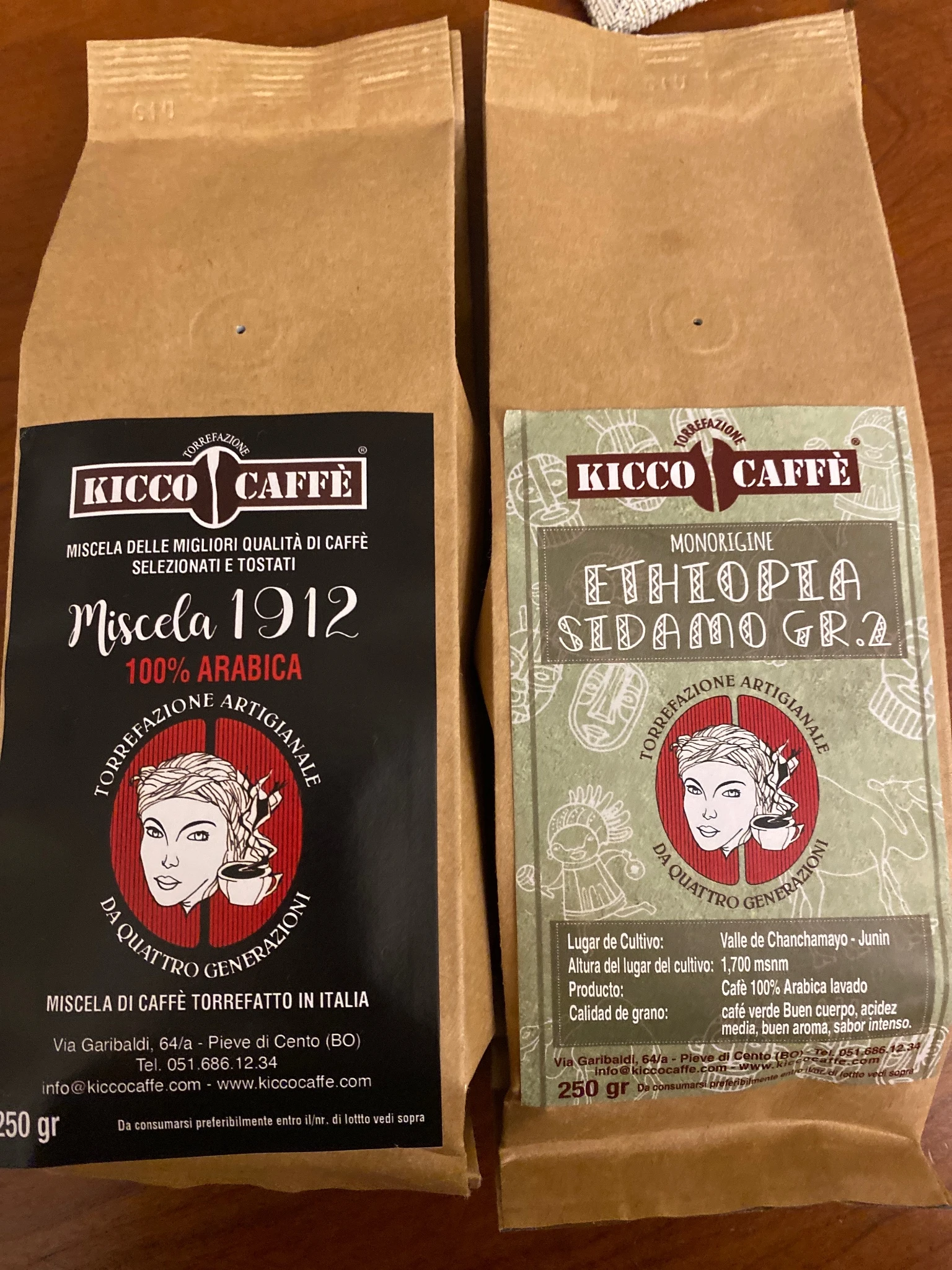 Two bags of coffee by Kicco Caffè, the one on the right is Ethiopian coffee