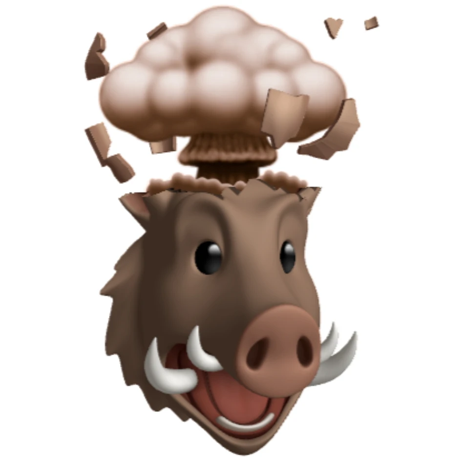 Apple Memoji version of the Head Exploding emoji but it's a hog with a mushroom cloud erupting out of the top of its head. The boar looks shocked. It's on a white background.