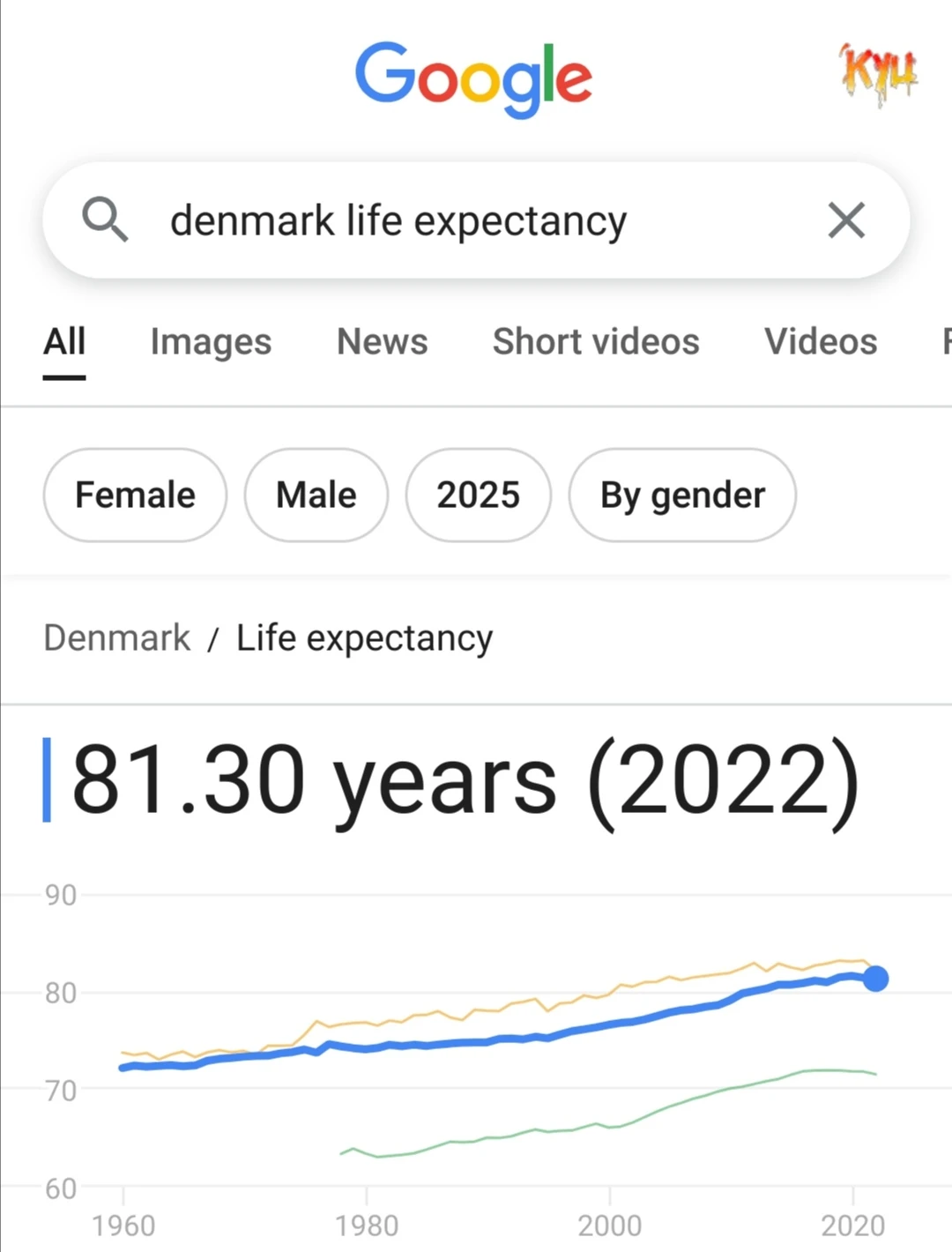 Google search of "Denmark life expectancy". The result shows 81 years. 