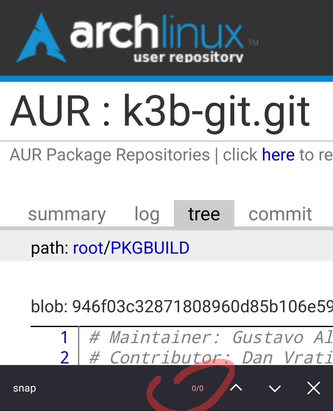 A zoomed-in screenshot of the Arch User Repository pkgbuild for k3b with the find-in-page bar showing zero out of zero results for the string "snap"