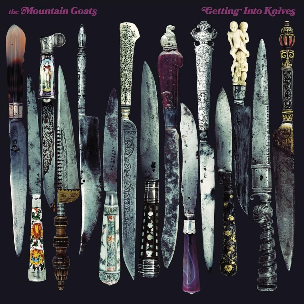 An image of the album Getting Into Knives by The Mountain Goats. Arrayed vertically are several small ornate knives, alternatingly blade up or down. The band name is in small text in the top left and the album title is in the same small text in the top right.