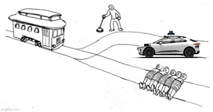 trolley problem image with driverless car on the top track, 5 people tied up at the bottom track