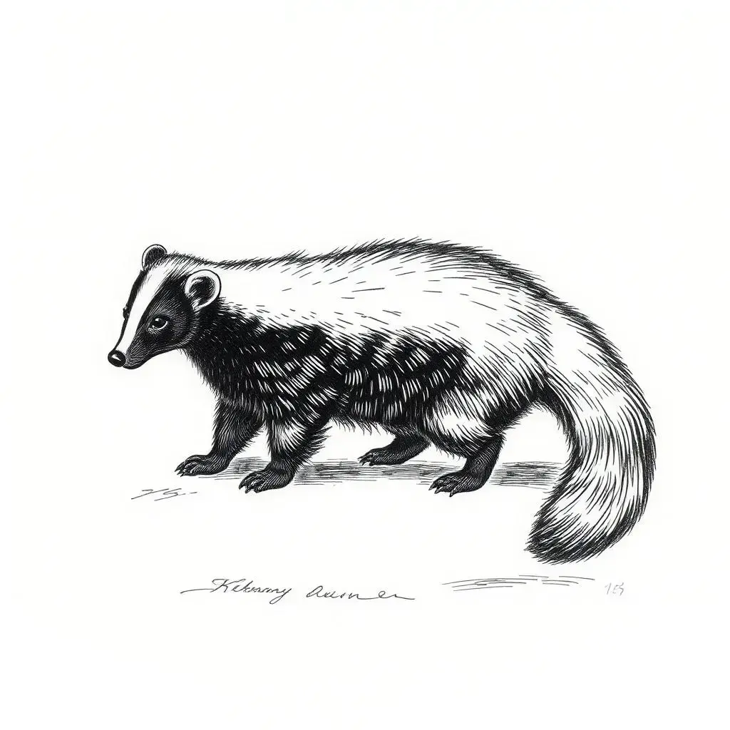 Image with seed 1832345082 generated via AI Horde through @aihorde@lemmy.dbzer0.com. Prompt: An engraving of a skunk.  