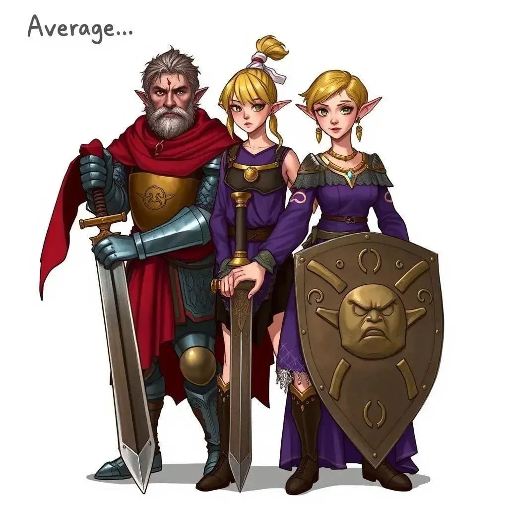 Image with seed 75657 generated via AI Horde through @aihorde@lemmy.dbzer0.com. Prompt:  At the top is written “Average D&D Party:”  A stern warrior clad in iron armor, with a billowing red cape and a red cloth tied around his waist. His hands rest on the handle of a very wide sword, the tip of which stands on the ground in front of him. He is labeled “Warrior on a just and noble quest to defeat an existential threat to the world that they live in.” A girl with messy, blonde hair, and a bronze chestplate sewn directly onto her sleeveless shirt. She has a white ribbon tying a small messy ponytail at the back top of her hair, and is wearing tall boots with bronze arcs attached to the top of the foot parts. She is carrying a large bronze hammer, and a large bronze shield with a very upset-looking face engraved on it. She herself has an innocent expression. She is labeled “Idiot”.  A woman clad in purple with a long-sleeved shirt with symmetrical holes on the arms and torso. She has pointed ears, like an elf, and is wearing gold earings and two gold necklaces. She also wears a dress that looks somewhat like a lamp cover with a spider-web pattern on it, and has a strap that wraps around her shoulder. She wears a placid, pretty expression, but behind her in low opacity is her face distorted with mischief and hate. She is labeled “Manipulator”. A small mage dressed in green with yellow details, and with a long, frilly mage hat featuring a poofy yellow flower on the forehead area. She also wears an equally frilly green cloak held together by a star shaped button, and golds a lightning bolt shaped spellcasting staff. She has an innocent expression, but sharp teeth and two side-ponytails peaking out from beneath her hat. She is labeled “Other, Smaller Idiot”.