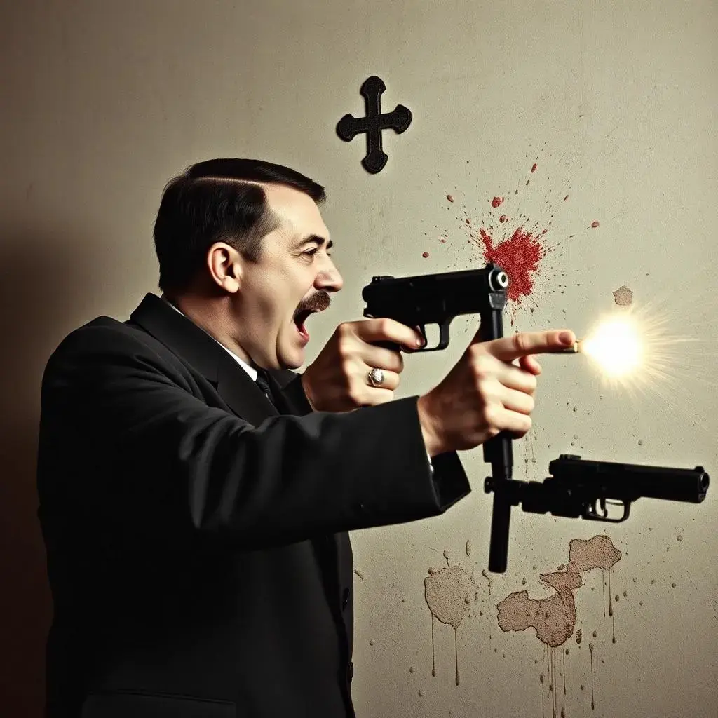 Image with seed 3458086880 generated via AI Horde through @aihorde@lemmy.dbzer0.com. Prompt: hitler shooting himself and splattering his brains on the wall