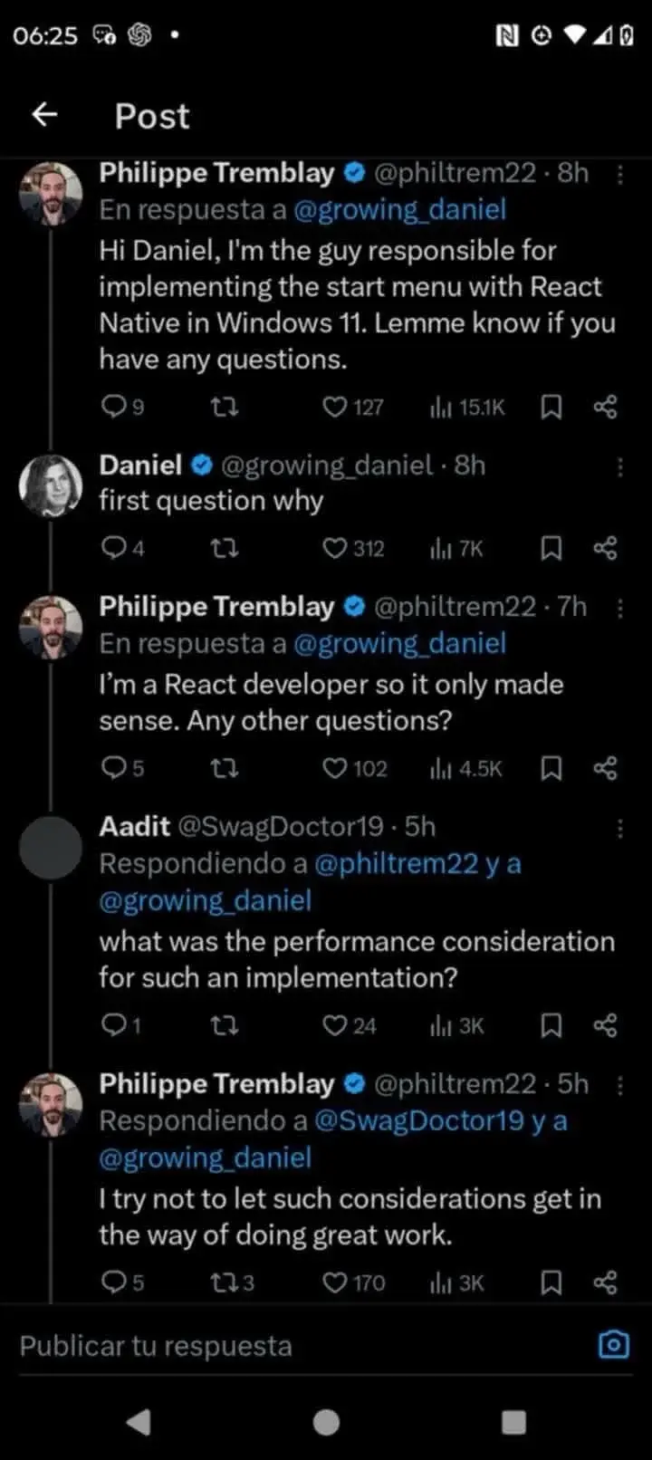 A screenshot of a developer explaining their decision to make the windows start menu out of a react native app