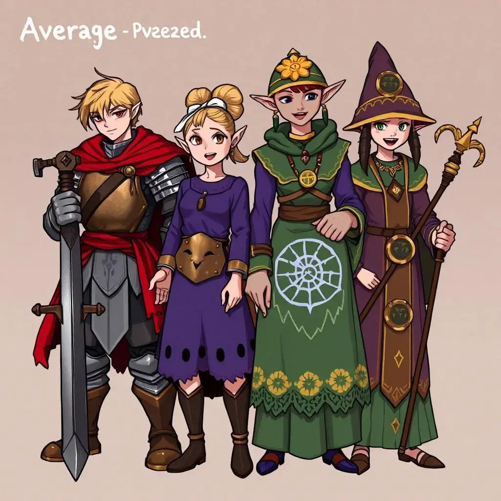 Image with seed 2298024989 generated via AI Horde through @aihorde@lemmy.dbzer0.com. Prompt:  At the top is written “Average D&D Party:”  A stern warrior clad in iron armor, with a billowing red cape and a red cloth tied around his waist. His hands rest on the handle of a very wide sword, the tip of which stands on the ground in front of him. He is labeled “Warrior on a just and noble quest to defeat an existential threat to the world that they live in.” A girl with messy, blonde hair, and a bronze chestplate sewn directly onto her sleeveless shirt. She has a white ribbon tying a small messy ponytail at the back top of her hair, and is wearing tall boots with bronze arcs attached to the top of the foot parts. She is carrying a large bronze hammer, and a large bronze shield with a very upset-looking face engraved on it. She herself has an innocent expression. She is labeled “Idiot”.  A woman clad in purple with a long-sleeved shirt with symmetrical holes on the arms and torso. She has pointed ears, like an elf, and is wearing gold earings and two gold necklaces. She also wears a dress that looks somewhat like a lamp cover with a spider-web pattern on it, and has a strap that wraps around her shoulder. She wears a placid, pretty expression, but behind her in low opacity is her face distorted with mischief and hate. She is labeled “Manipulator”. A small mage dressed in green with yellow details, and with a long, frilly mage hat featuring a poofy yellow flower on the forehead area. She also wears an equally frilly green cloak held together by a star shaped button, and golds a lightning bolt shaped spellcasting staff. She has an innocent expression, but sharp teeth and two side-ponytails peaking out from beneath her hat. She is labeled “Other, Smaller Idiot”.