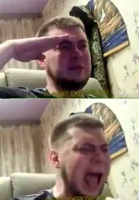 meme of guy saluting in front of his computer, then proceeding to cry/scream