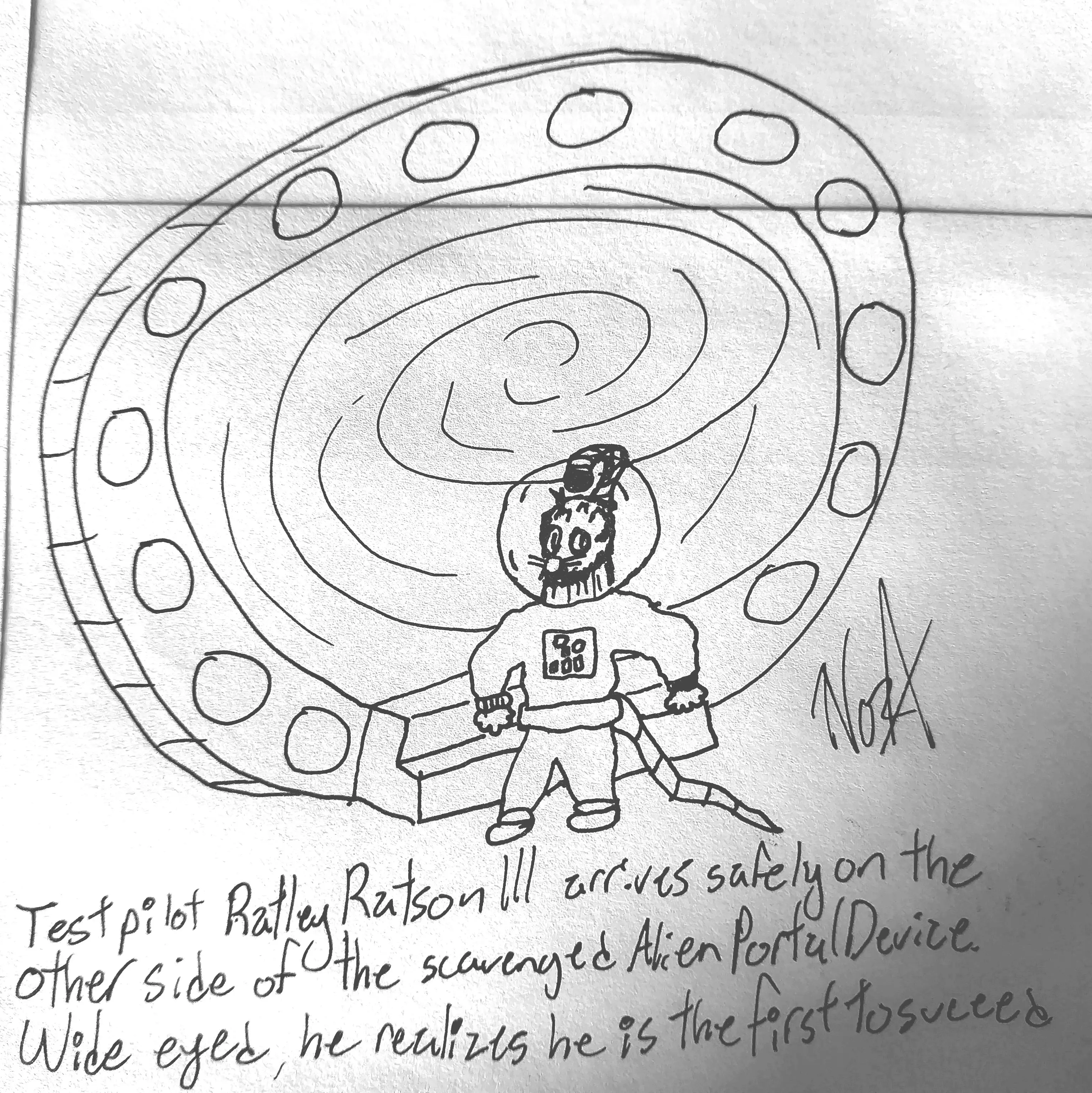 Alt: A rat wearing an exosuit, chest adorned with buttons steps wide-eyed out of a portal - horror-stricken, he sees his fallen comrades off frame. The image is subtitled "Test Pilot Ratley Ratson III arrives safely on the other side of the scavenged Alien Portal Device, Wide Eyed he realized he is the first to succeed"