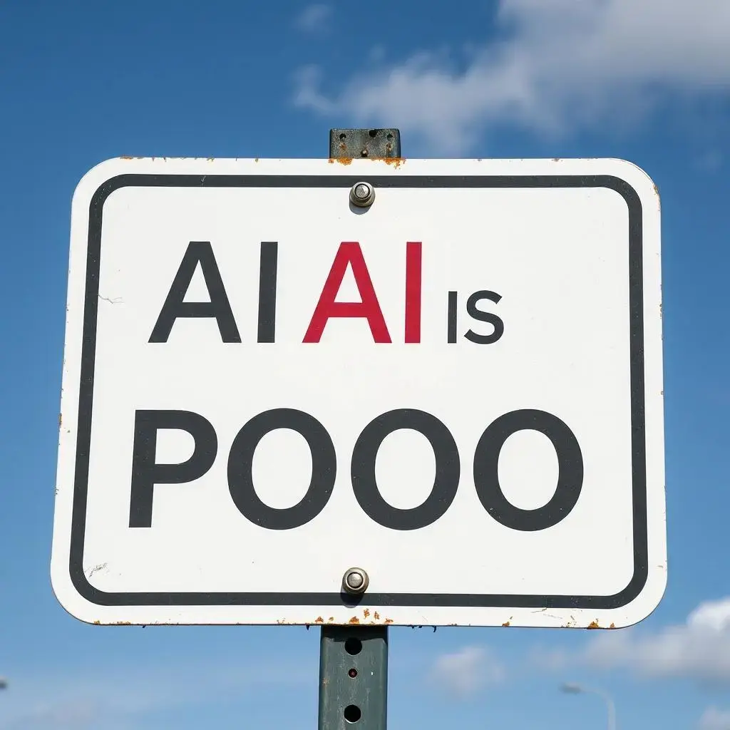 Image with seed 790428419 generated via AI Horde through @aihorde@lemmy.dbzer0.com. Prompt: a sign saying AI IS POO