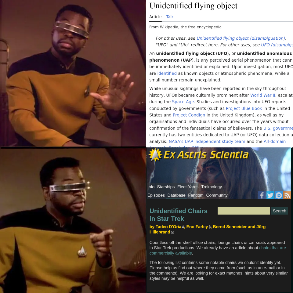 geordi drakeposting meme template, top frame rejecting wikipedia article about UFOs, bottom frame pointing at screenshot of Ex Astris Scientia page "Unidentified Chairs in Star Trek"
