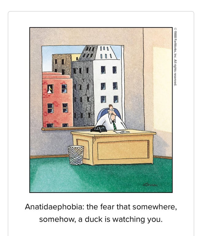 Comic from The Far Side, showing a man in an office looking anxious. In a building outside the window behind him, there is a duck stood at the window. The caption reads "Anatidaephobia: the fear thatsomewhere, somehow, a duck is watching you.