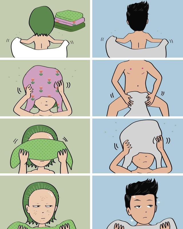 Comparative illustration of women drying themselves versus men. The woman uses separate towels for bum, hair, and face, whereas the man comically uses one for everything, starting with his bum to genitals, to face.