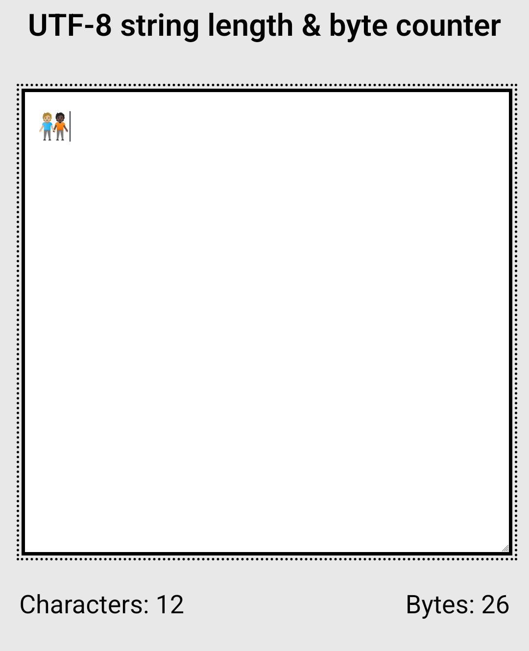 Screenshot from a website, which counts a single emoji as 12 characters or as 26 bytes.