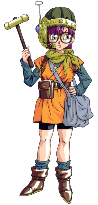 A picture of a girl in Steampunk attire holding a hammer smiling and looking to the left, Lucca, from the 1995 SNES game Chrono Trigger