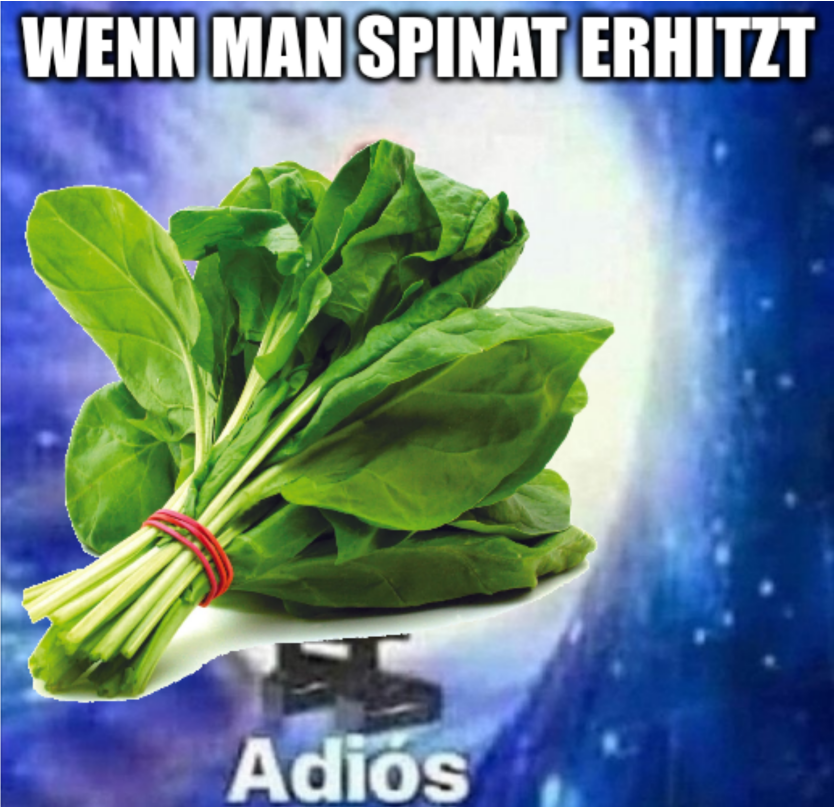 Meme showing a bundle of spinach stepping through an interdimensional portal with the text "Adios"