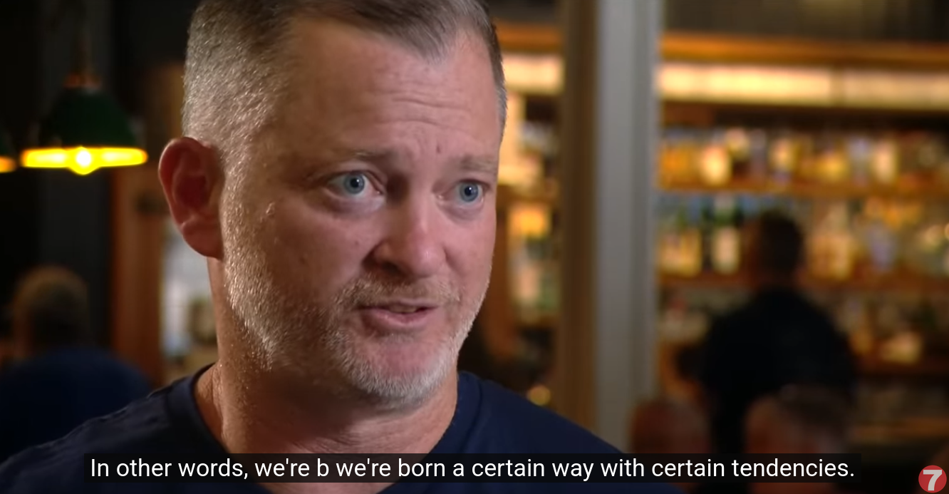 screencap with subtitle "In other words, we're b we're born a certain way with certain tendencies."
