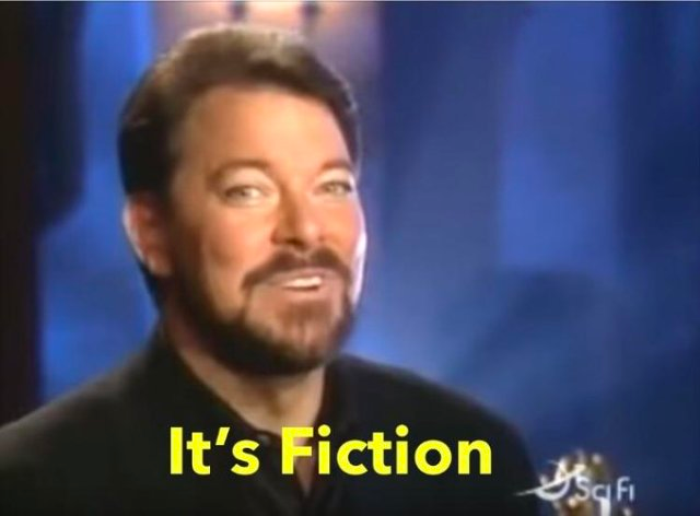 screenshot of Jonathan Frakes hosting "Beyond Belief: Fact or Fiction" with the subtitle "It's Fiction"