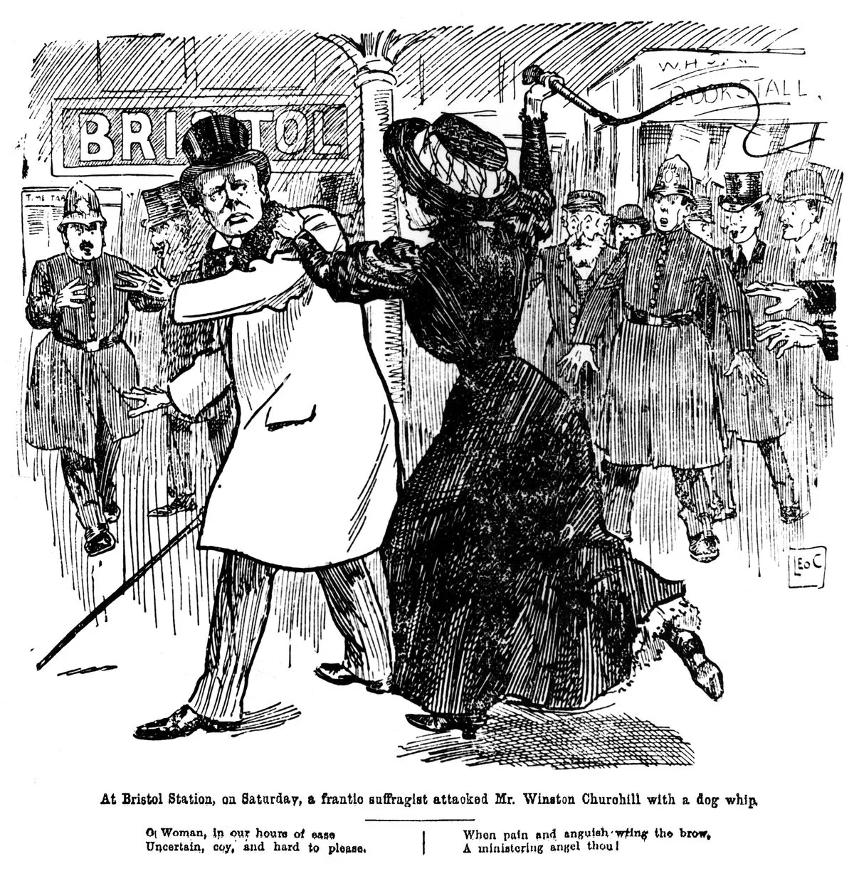 A drawing of an incident in 1909 when a militant suffragette Miss Theresa Garnett, attacked Winston Churchill with a dog whip at Bristol railway station, published in the Manchester Evening News. On July 12th 1910 Churchill spoke and voted against the Bill to give women the vote.