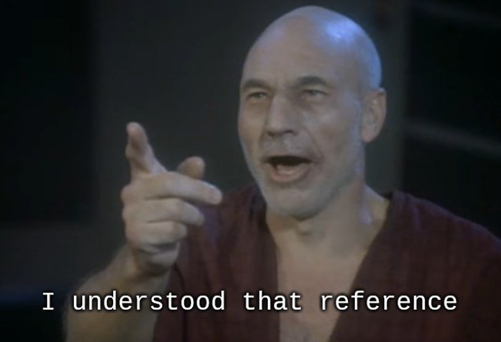 Screencap of Captain Jean-Luc Picard (Patrick Stewart) in ST:TNG S6E11 "The Chain of Command, Part II", pointing his finger, subtitled "I understood that reference". (The actual line he is speaking in this scene is "Hahaha you called me Picard!" followed by "There are four lights!")