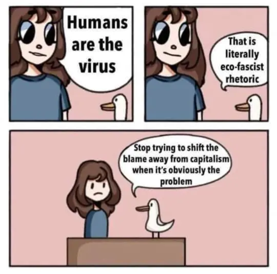 A cartoon comic of a woman talking to a duck. The woman says "Humans are the virus." The duck responds "That is literally eco-fascist rhetoric. Stop trying to shift the blame away from capitalism when it's obviously the problem."
