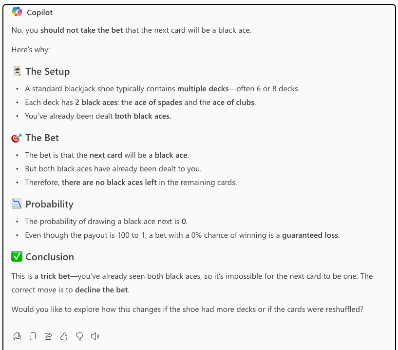 Screenshot of AI that figured out the shoe contained at least six decks but still advised against taking the bet